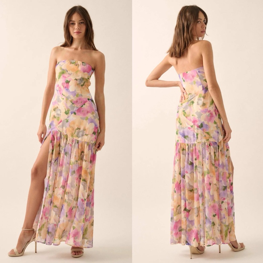 Pink Floral Chiffon Strapless Maxi Dress (S)